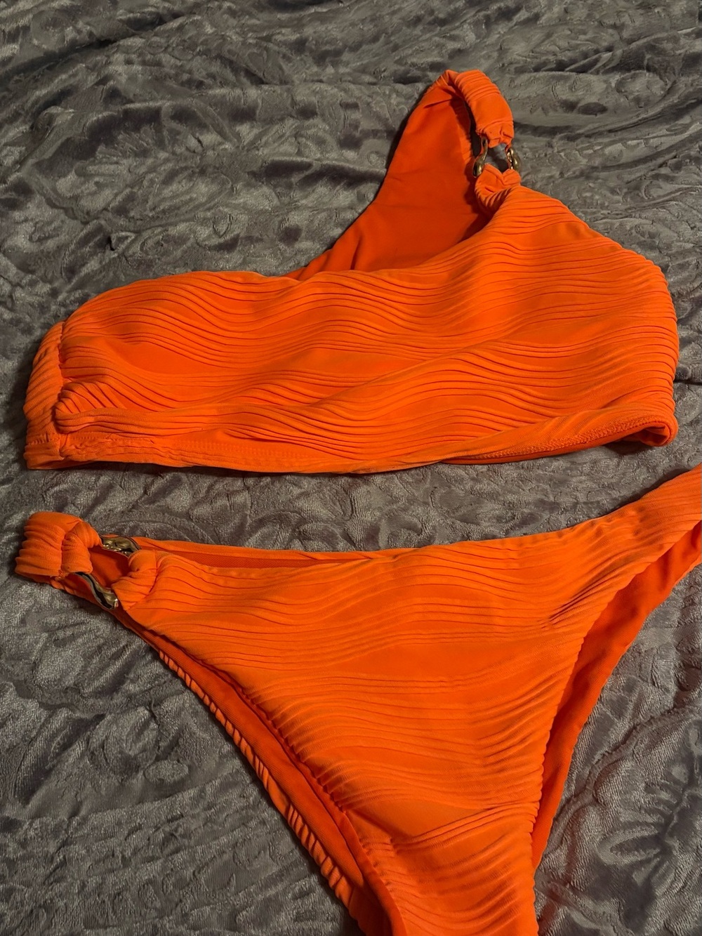 Fashion Nova Bright Orange One-Shoulder Textured Bikini
